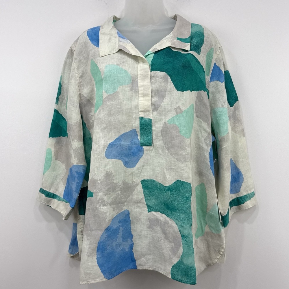 Chicos No Iron 100% Linen Shirt 4/20 NWT Button Back Tunic Lagenlook Artsy